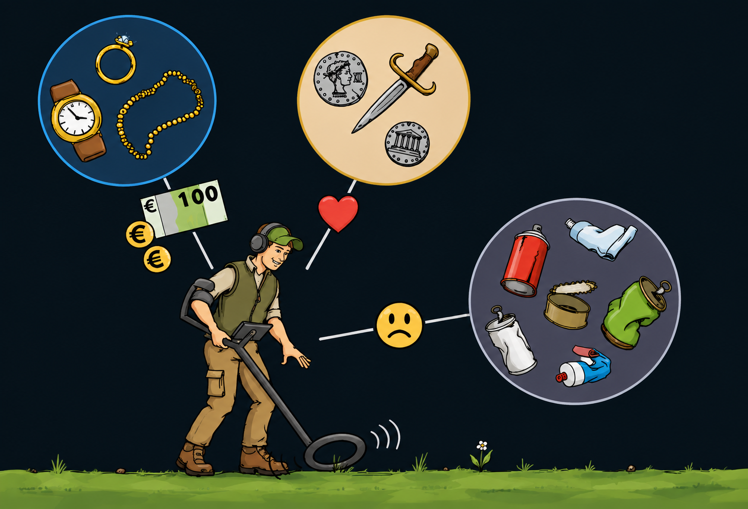 Illustration eines Schatzsuchers mit Metalldetektor und Symbolen für Geld, Liebe, Geschichte und Müll.